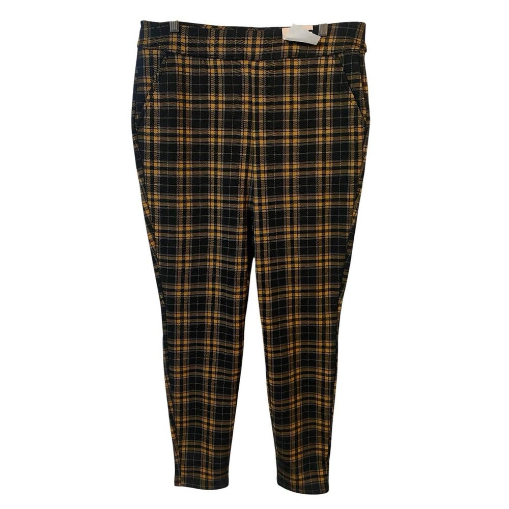SO High Rise Fitted Skinny Leg Large Yellow Black Plaid Pull On Pant Large NWT